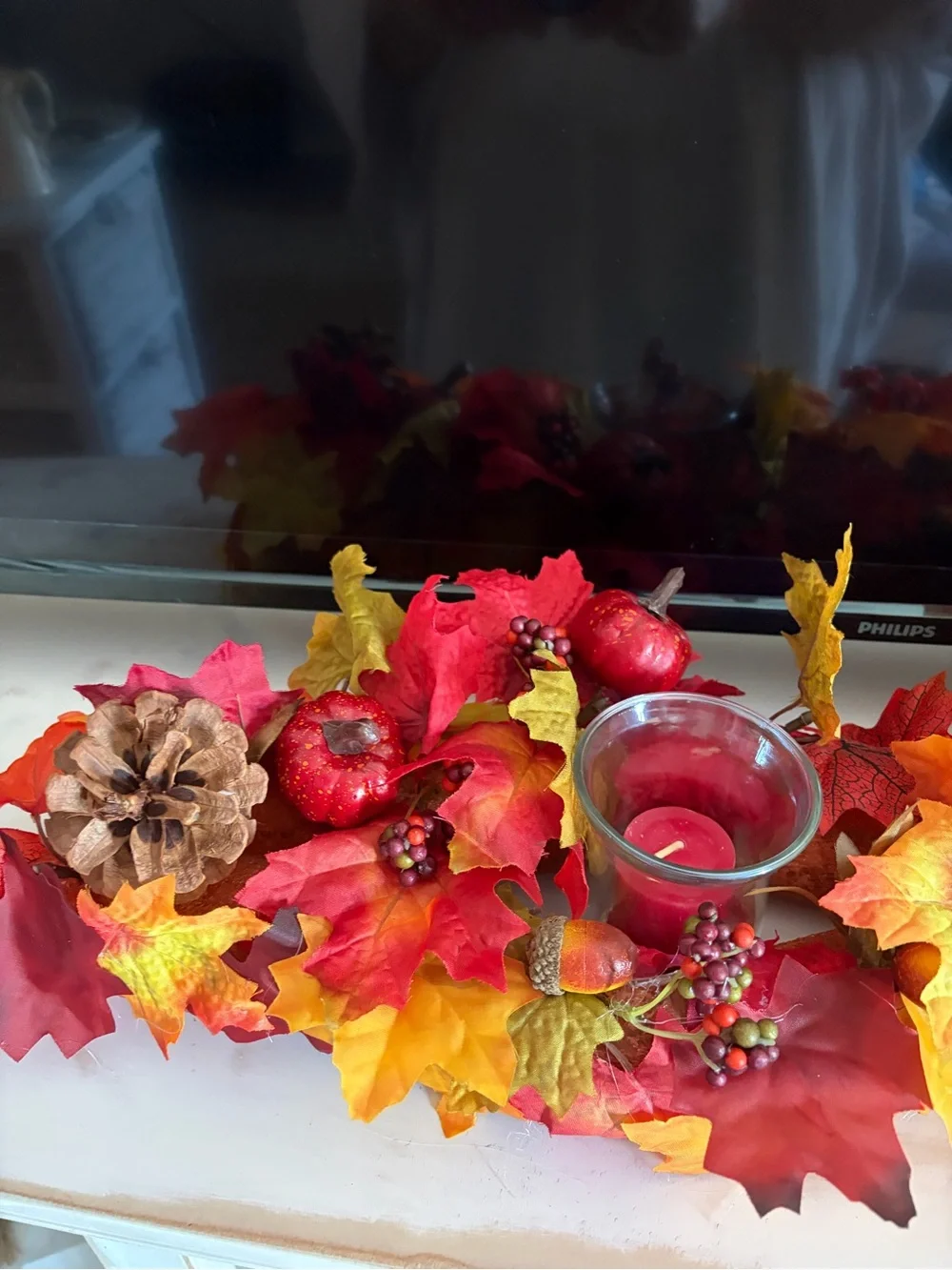 Autumn Leaf Tealight Garland - Red & Orange Fall Centerpiece